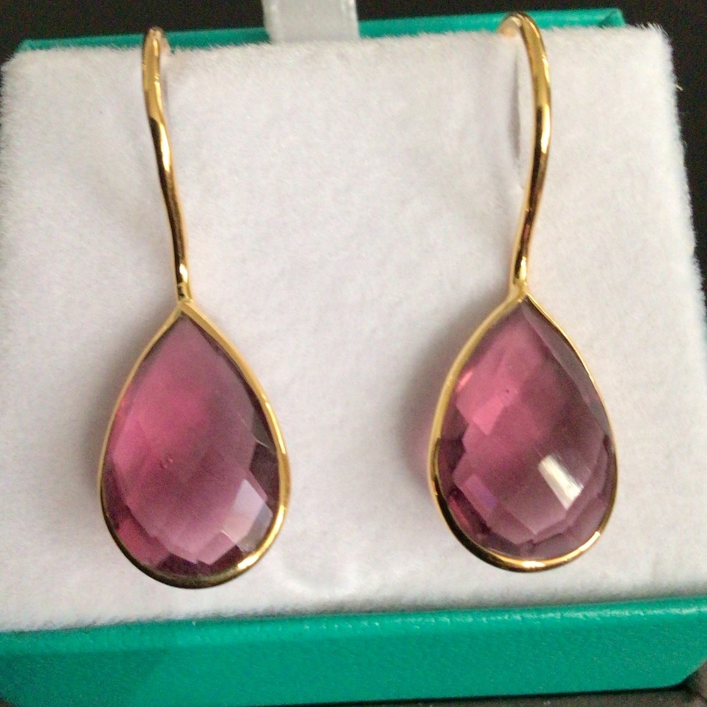 NEW Pink Tourmaline Quartz Faceted Pear Gemstone Gold Plted Drop Silver Earrings